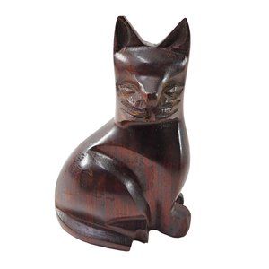 Vintage Ironwood Cat Figurine Sculpture Signed Hand Carved 3.5"